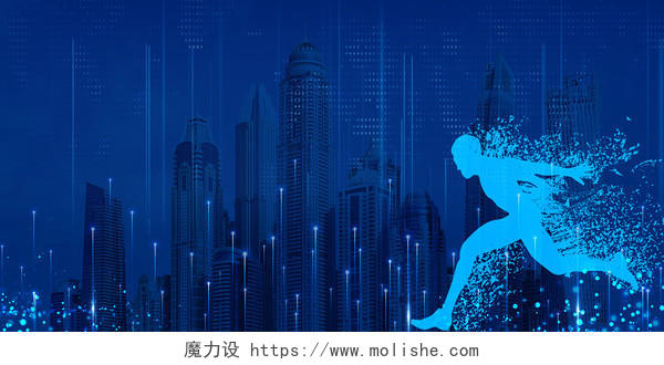 蓝色科技城市人物剪影展板背景